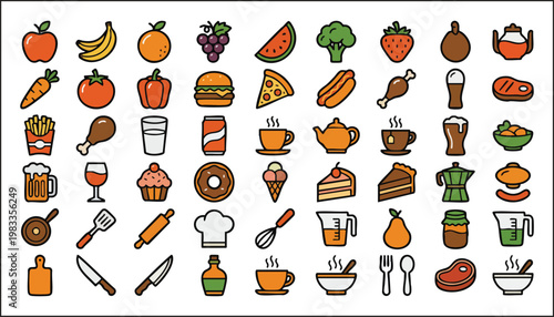 Flat outline colorful food, drink, and cooking utensil icon vector illustrations.
