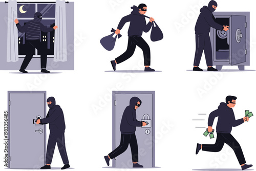 Professional thief and burglar character set breaking into house opening safe and running with money flat vector illustration isolated on white.