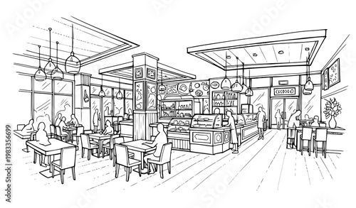 Hand drawn cafe interior fast food court scene with tables counter and customers black white sketch vector illustration