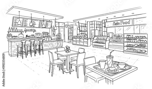 Black and white cafe interior fast food court sketch with counter tables chairs and restaurant elements vector illustration