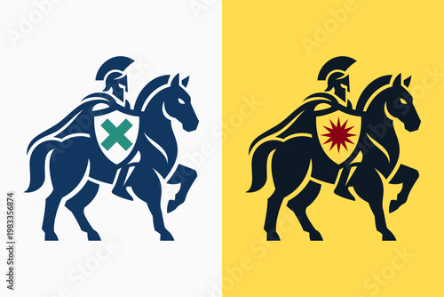 Bold Spartan Knight on Horseback Vector Logo, Medieval Warrior Cavalry Shield Mascot Icon Design for Corporate Security Brand Identity
