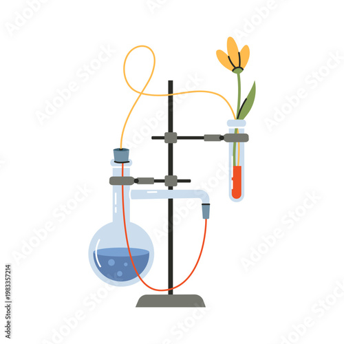 Garden is like a laboratory. Flower blooms in test tube with red liquid