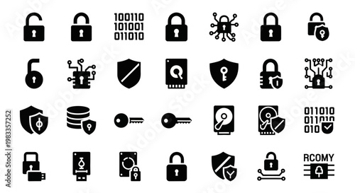 Security icons, lock symbols, shield graphics, cybersecurity elements, 25 black vector icons