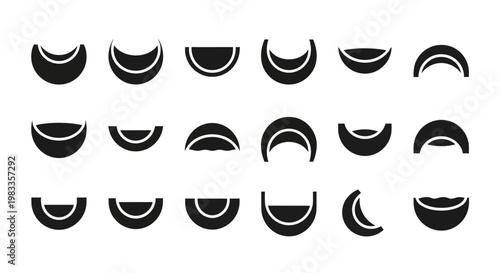 Black and white arc shapes, semi-circle icons, 20 curve elements, vector graphics