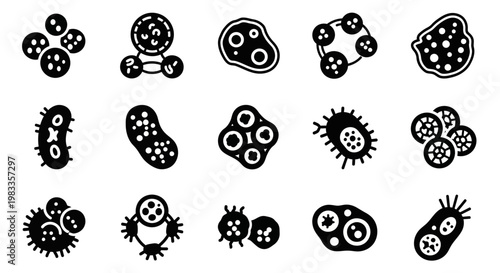 Black and white bacteria icons, microbiology symbols, germs and microbes illustrations, 15 vector graphics