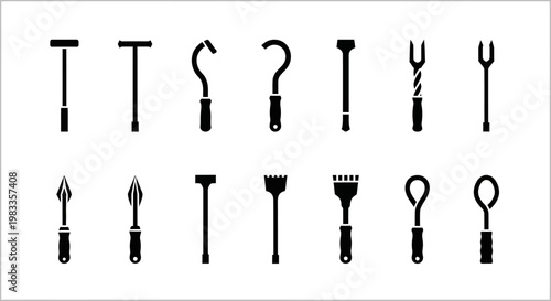 Black silhouette kitchen utensil icons, cooking tool set, 14 piece flatware collection, vector graphics