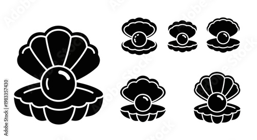 Black pearl oyster icons, shell symbols, vector illustrations, 6 piece set