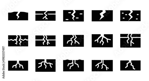 Crack, fracture, break, rupture, split, vector icons, 20 black and white graphics
