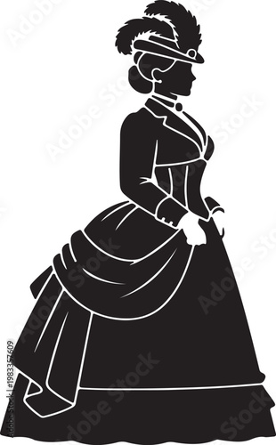 Silhouette of a woman in elegant 1800s Canadian Victorian fashion, featuring a feathered hat, fitted jacket, and voluminous draped skirt.