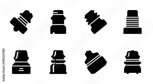 Black and white pipe fitting icons, plumbing symbols, 8 piece set, vector graphics