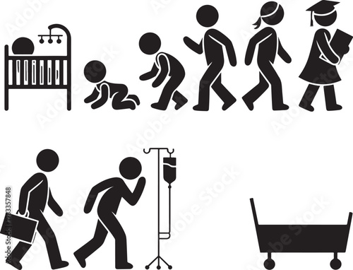 Baby care parenting routine icons set with stroller crib bathing feeding activities