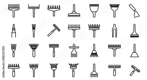 Black and white cleaning tool icons, 25 brushes and tools, vector set, cleaning supplies, household equipment