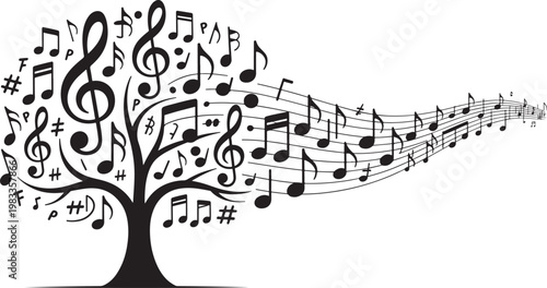 Creative tree with flying leaves transforming into wind abstract nature concept