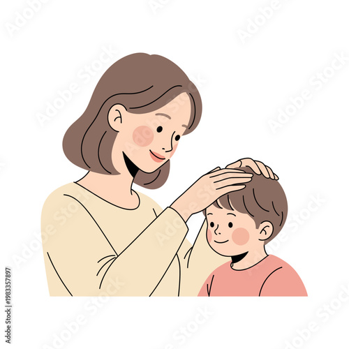 Caring mother gently touches her child's head, symbolizing love and family bonds in a heartwarming illustration