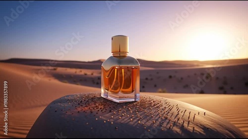 Luxury Perfume Bottle in Desert Dunes at Sunset, Golden Hour Light