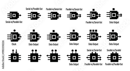 Circuit board icons, electronic symbols, tech graphics, 16 chip illustrations, vector set