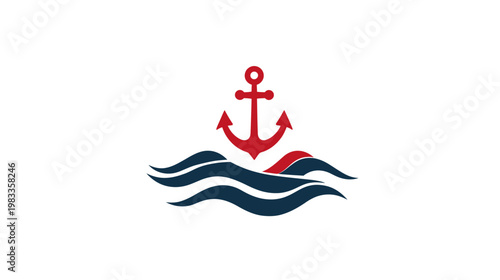 Stylized Red Anchor and Blue Ocean Waves Logo Icon. Nautical Maritime Symbol for Boating, Shipping, Travel, and Marine Concepts.