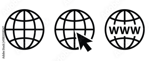 Visit website vector icon set, clean outline web icons set with globe