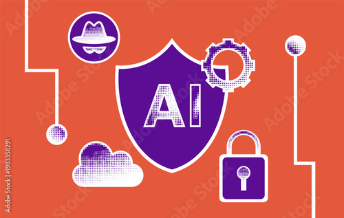 AI Security Concept with Shield, Hacker, Padlock and Cloud Icons Representing Artificial Intelligence Cybersecurity and Digital Data Protection, AI technology in cybersecurity
