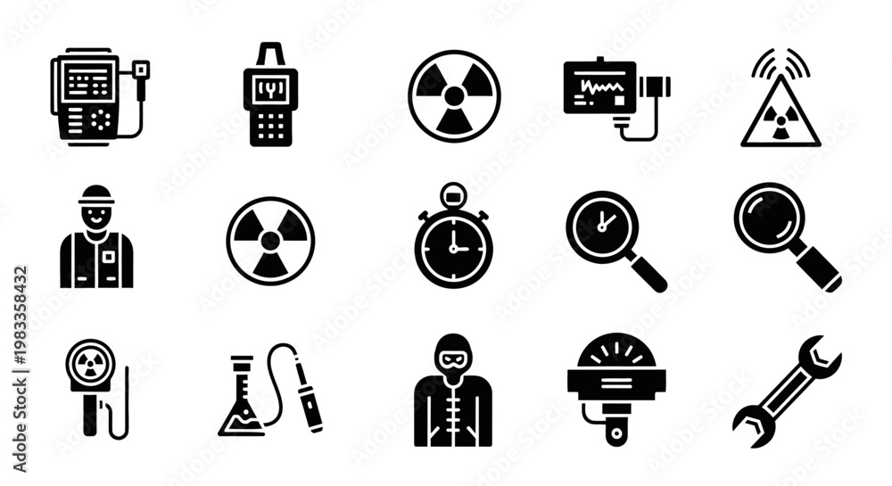 Obraz premium Radiation hazard icons, warning signs, and symbols, nuclear safety illustrations, 20 black vector graphics