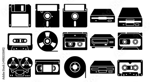 Retro data storage icons set, vintage media technology collection with floppy disks and cassette tapes, 15 black vector silhouettes of analog hardware