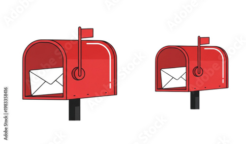 Vector Set of Red Mailboxes with Envelopes for Postal, Communication, and Delivery Concept Designs