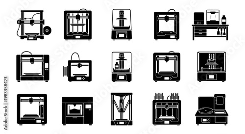 3D printer icon set, 15 black solid vector silhouettes of additive manufacturing machines, industrial rapid prototyping equipment for engineering