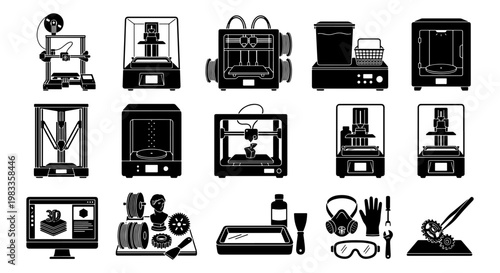 3D printer icon set with 15 vector elements, additive manufacturing equipment icons, industrial rapid prototyping machines and safety gear symbols