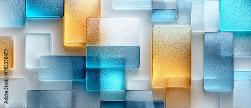 Interlocking Frosted Glass Blocks with Glowing Cyan and Amber Light, Modern Abstract Technology Background with Copy Space