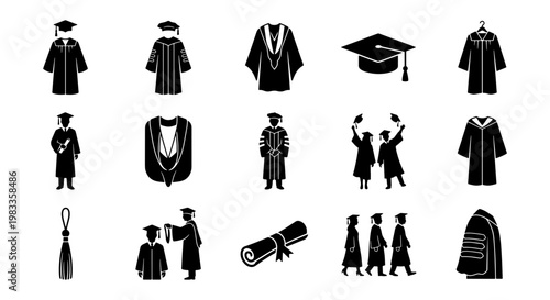 Graduation gown and academic regalia icon set, 15 black vector silhouettes of university graduation robes and mortarboard caps, school commencement ceremony elements