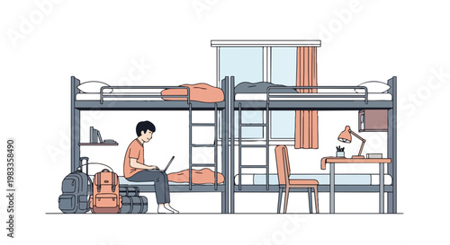 Student Studying on Laptop in Shared Dormitory Room with Bunk Beds