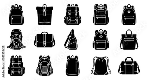 Black backpack icon set, 15 bag silhouette elements for travel and school, modern rucksack and luggage vector collection, minimalist bag symbols