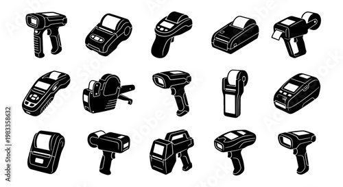 Black and white barcode scanner icons, 15 retail technology vector elements, handheld laser scanners and thermal receipt printer set for logistics