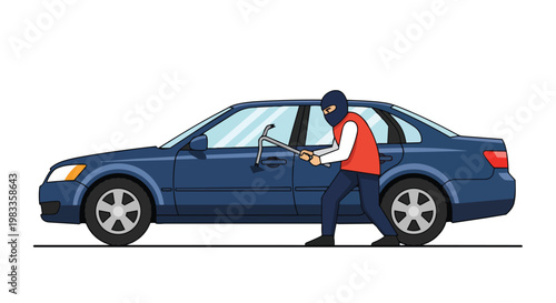 Car thief breaking into a vehicle with a crowbar