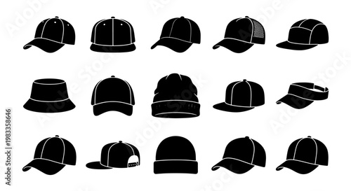Baseball cap silhouette icons set, black headwear and hat vector collection, 15 apparel elements for fashion design and merchandise mockups