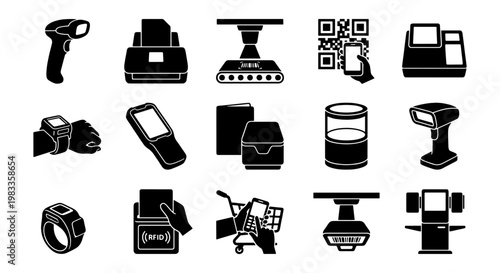Retail technology icons set, barcode scanner and POS terminal vector elements, 15 black silhouette logistics and checkout hardware symbols