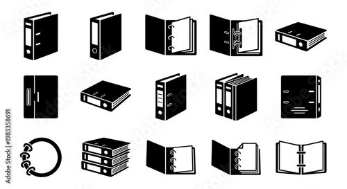Black ring binder icons set, office document folder vector collection, 15 stationery organization symbols for business filing and archive management