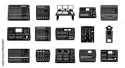 Professional audio mixer icons set, 15 sound board vector elements, music production equipment silhouettes for recording studio and podcasting
