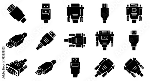 Computer cable connector icons set, 15 black solid vector elements, USB and VGA hardware plugs, digital interface connection symbols for technology
