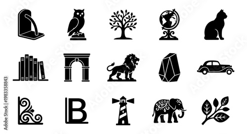 Vintage library icons and bookend symbols, set of 15 black vector silhouettes, classic academic and literary design elements for branding