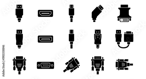 Computer cable connector icon set, 15 black silhouette vector elements, hardware plug and port symbols for digital technology and data transfer