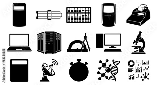 Scientific and mathematical equipment icons, collection of 15 black vector symbols, laboratory tools and data analysis elements for education