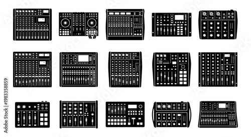 Professional audio mixer icons set, 15 black silhouette music studio equipment vectors, sound board and DJ controller console collection