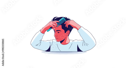 Illustration of a young man styling his hair with a comb