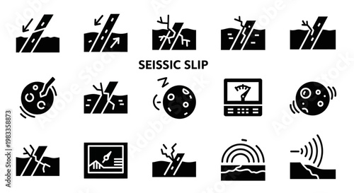 Seismic slip icons, earthquake warning signs, hazard symbols, black vector graphics