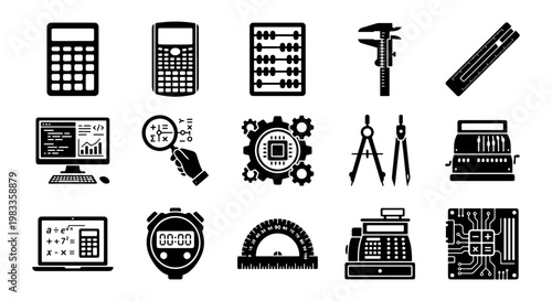 Mathematics and calculation icon set, 15 black vector elements for engineering and finance, technical measurement tools and computing hardware symbols