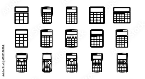 Minimalist calculator icon set, 15 black vector electronic accounting symbols, professional math and finance tools for business and education