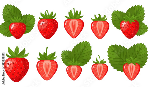 Vector Set of Fresh Strawberries with Leaves, Whole and Sliced, for Healthy Food and Organic Designs
