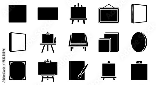 Minimalist canvas and easel icon set, 15 black silhouette art studio symbols, professional painting equipment and gallery frame vector collection