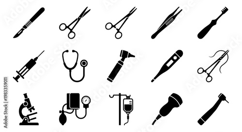 Medical equipment icon set with 15 black vector elements, surgical instruments and healthcare diagnostic tools, hospital supply flat icons